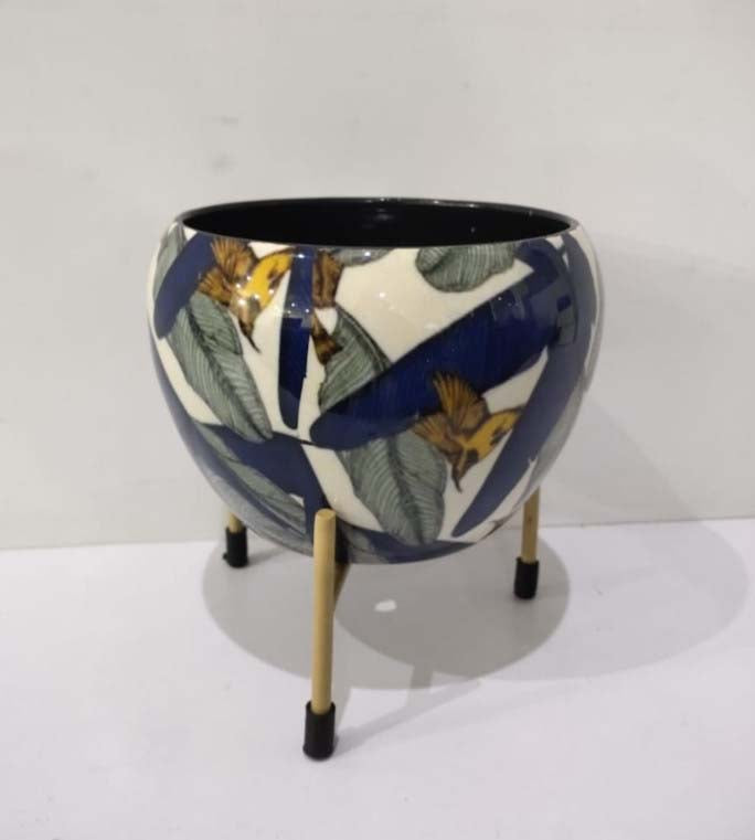 Designer Metal Bowl Planter – 5x5 Inch Multicolour with Golden Stand