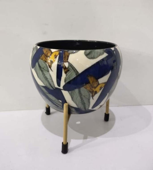 Designer Metal Bowl Planter – 5x5 Inch Multicolour with Golden Stand
