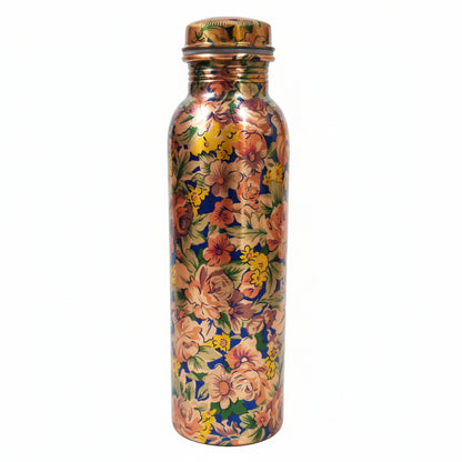 Decorative water bottle with floral pattern on a white background