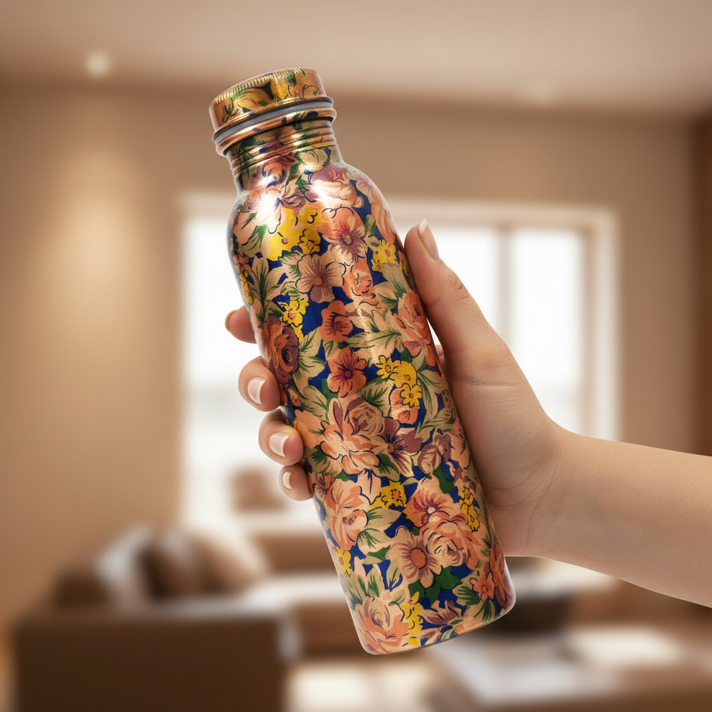Hand holding a floral-patterned water bottle indoors
