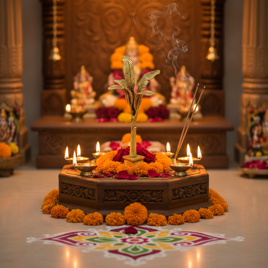 Decorative altar with flowers, candles, and a leaf in the center, set against a blurred background of religious statues.
