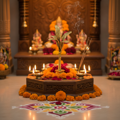 Decorative altar with flowers, candles, and a leaf in the center, set against a blurred background of religious statues.