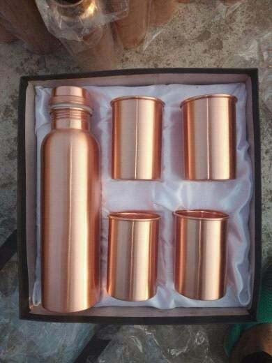 Copper Water Bottle with 4 Glass Set – 900 ml Bottle + 250 ml Glasses