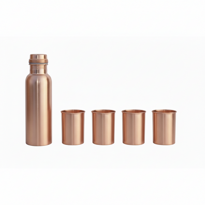 Copper water bottle and four cups on a white background