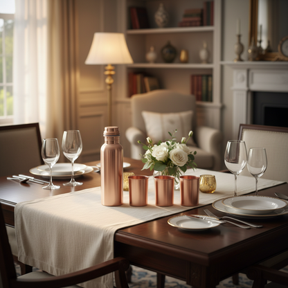 Dining table set with plates, glasses, and decorative items in a cozy room.