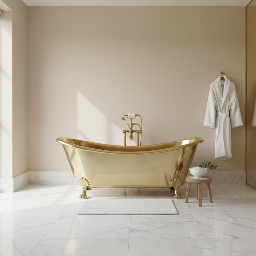 Gold freestanding bathtub in a modern bathroom with a white robe and plant.