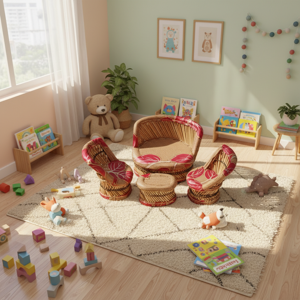 Handmade Bamboo Baby Mudda Set – Kids Chair & Table Set (4 Piece) - Brass Decors