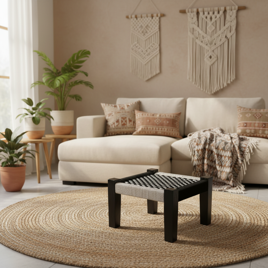 Cozy living room with a beige sofa, decorative pillows, and a small black table.