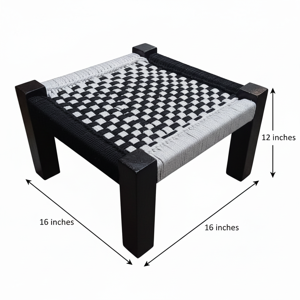 Pet step with black and white woven design, dimensions labeled on a white background