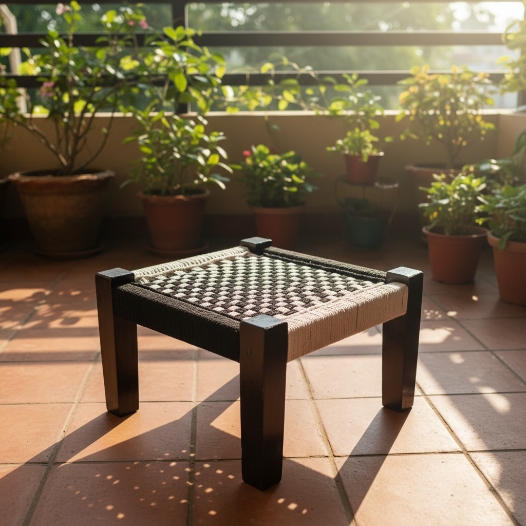 Small woven stool on a tiled floor with potted plants in the background