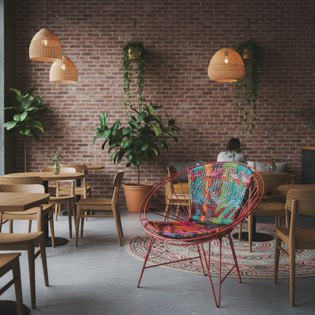 Modern cafe interior with colorful chair, brick wall, and hanging plants.
