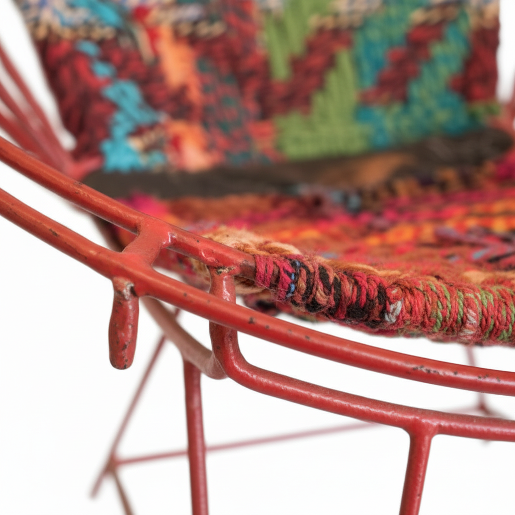 Colorful chair with a vibrant patterned cushion on a white background