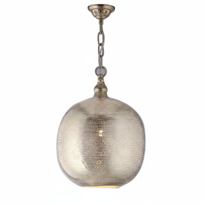 Decorative pendant light with textured glass shade on a white background