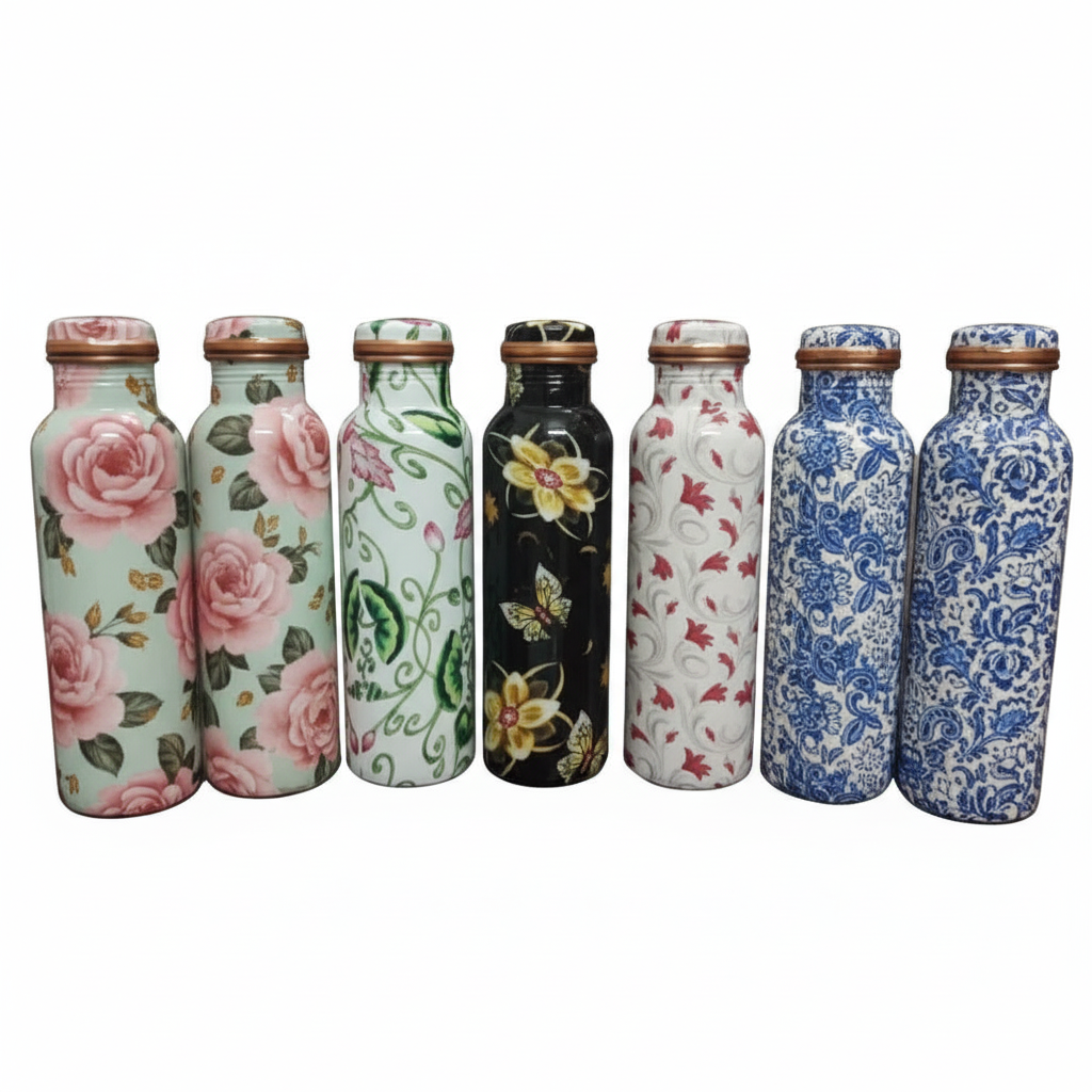 Set of floral-patterned bottles on a white background