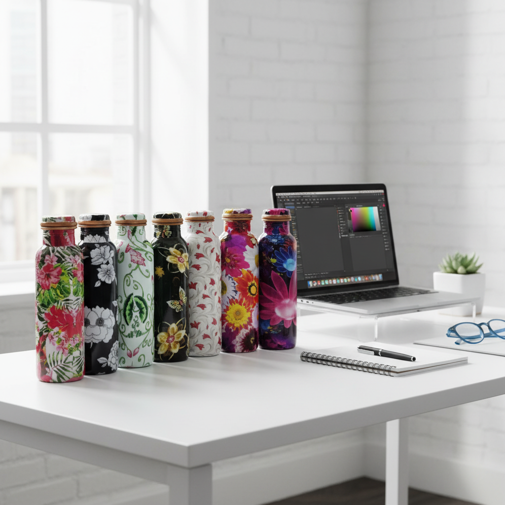 Colorful floral-patterned bottles on a desk with a laptop and stationery.