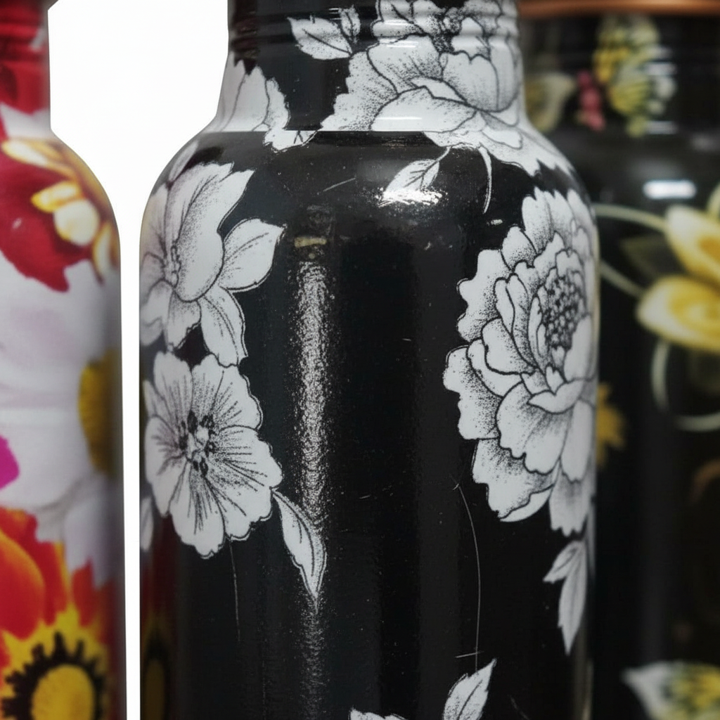 Close-up of floral-patterned bottles with a black and white flower design on a dark background.