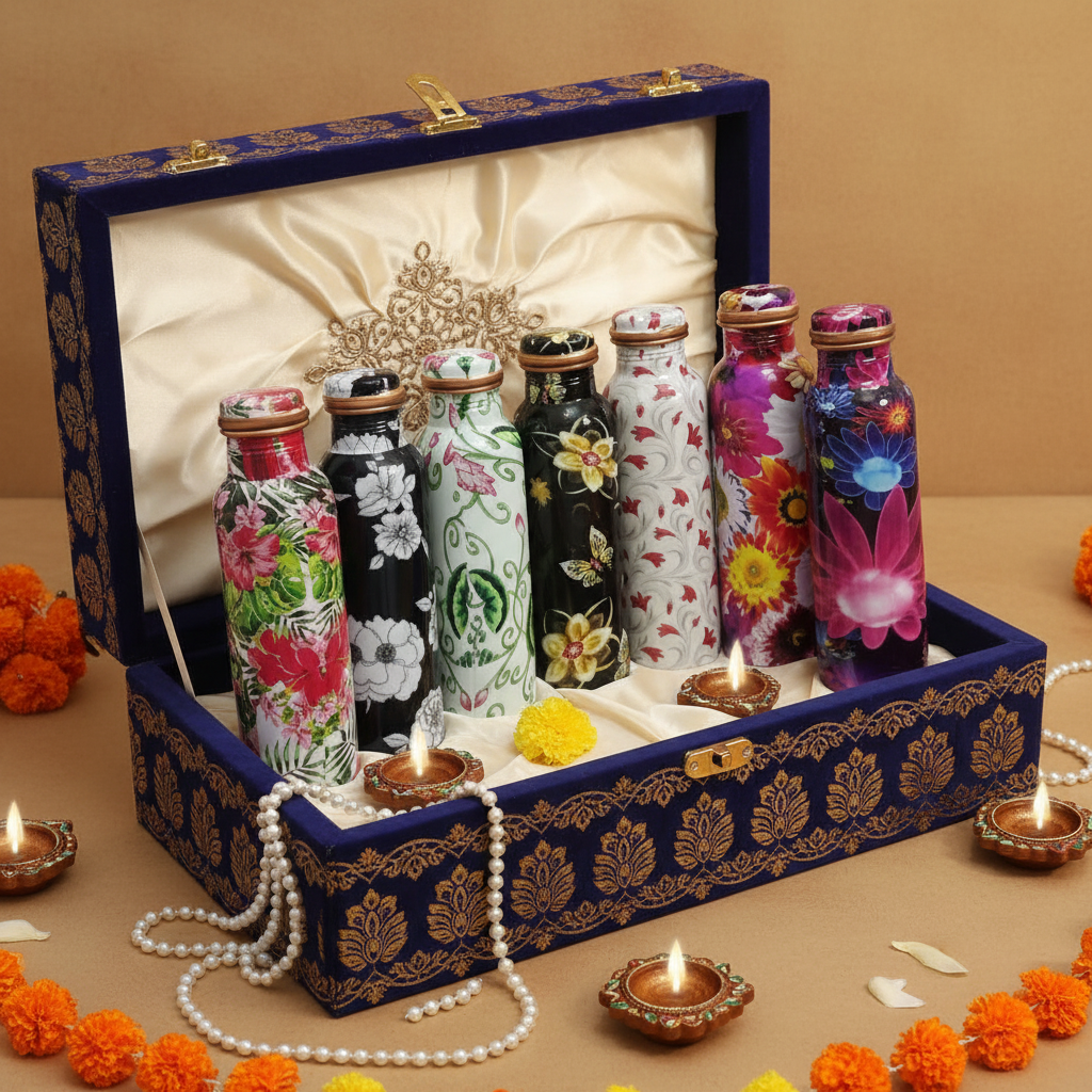 Decorative bottles with floral patterns in a blue embroidered box on a festive background.