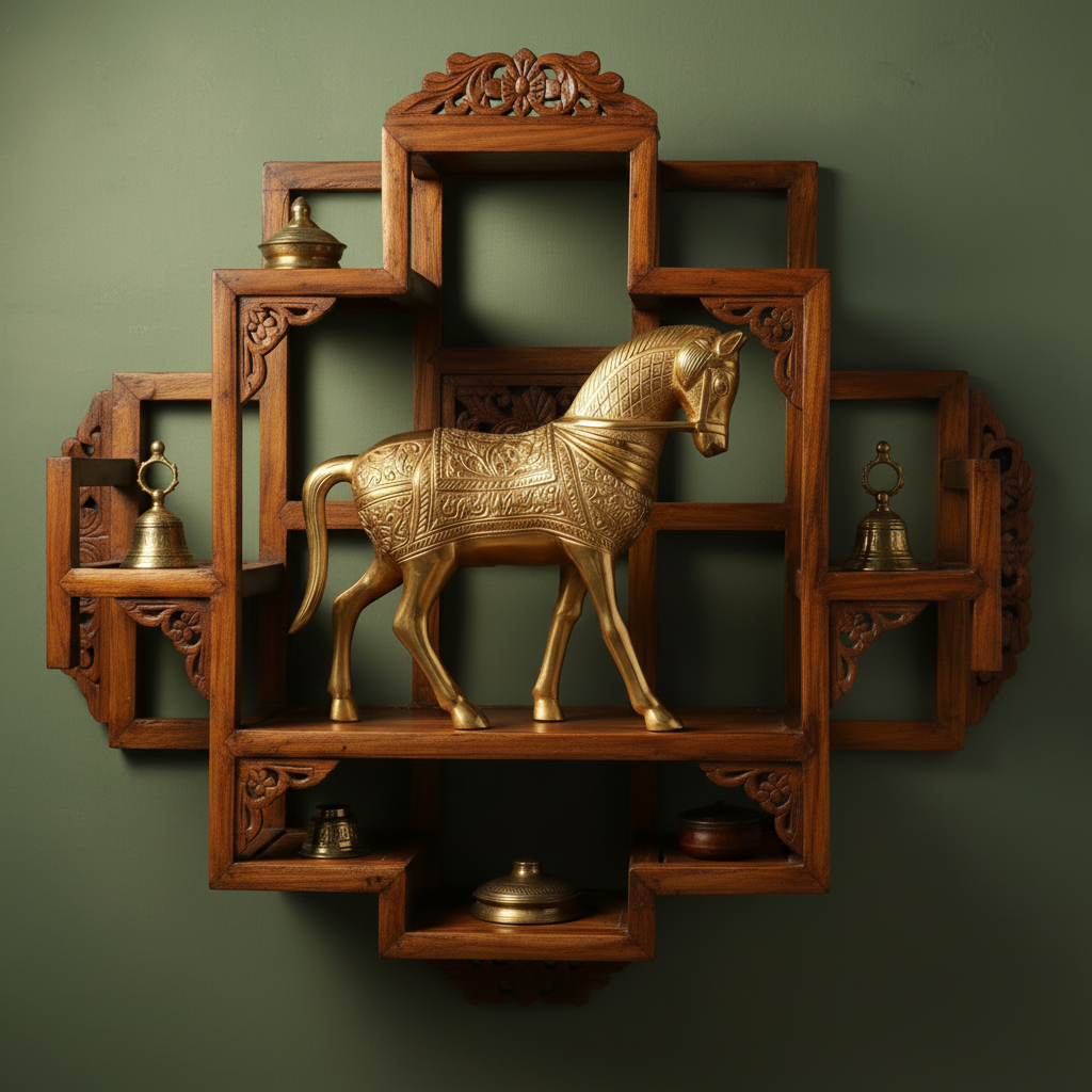 Decorative wooden wall shelf with a gold horse statue on a green background