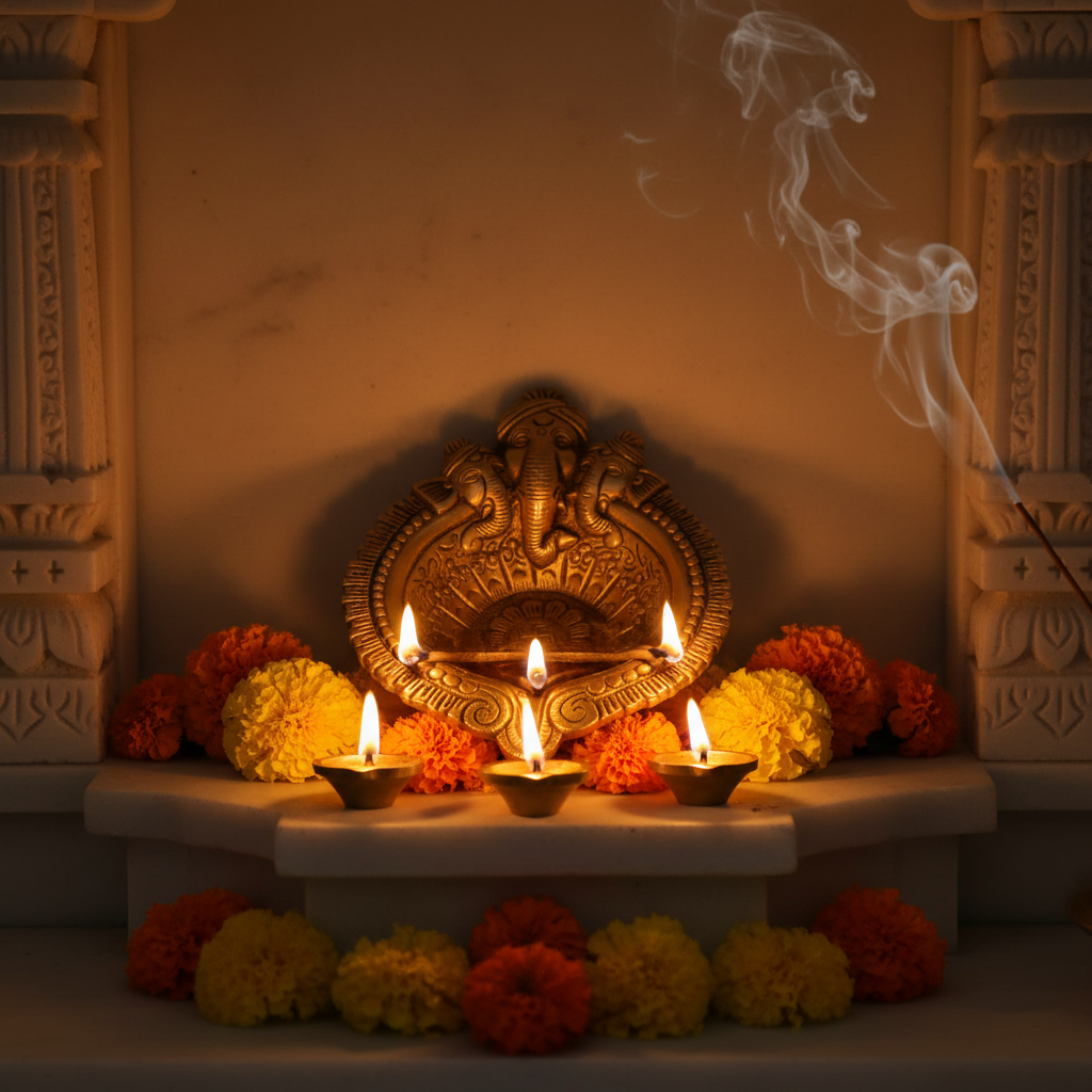 Decorative altar with candles, flowers, and a decorative metal object on a beige background.