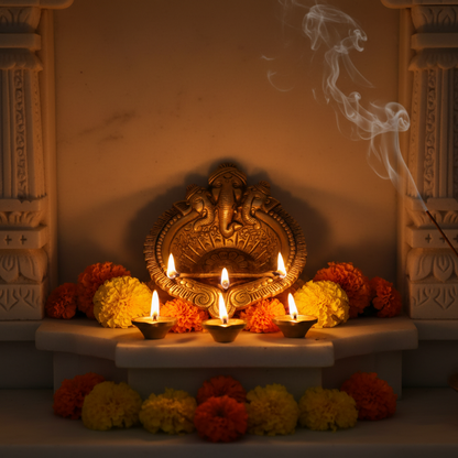Decorative altar with candles, flowers, and a decorative metal object on a beige background.