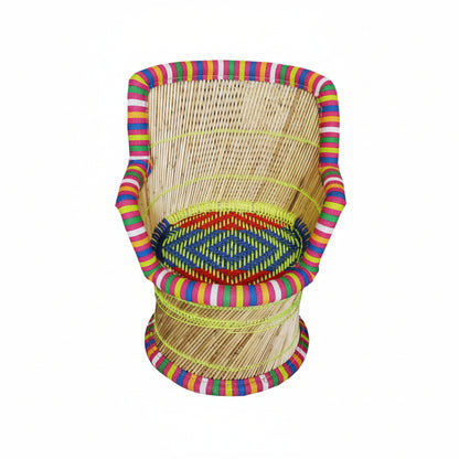 Wicker chair with colorful striped backrest on a white background