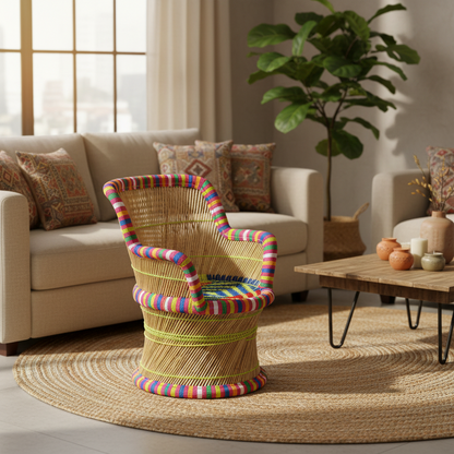 Handcrafted Bamboo Mudda Armrest Chair Multi Colour