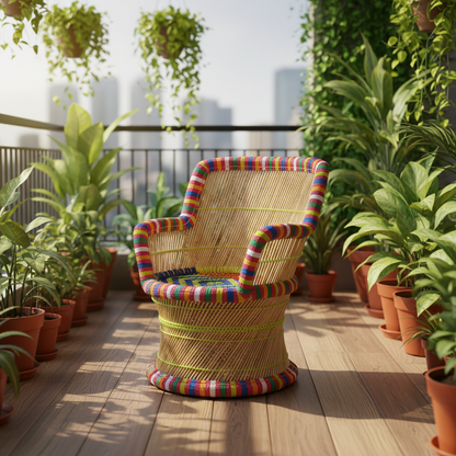 Handcrafted Bamboo Mudda Armrest Chair Multi Colour