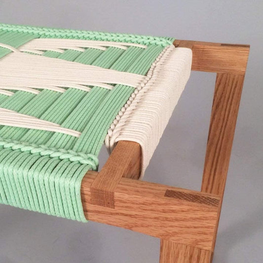 Handcrafted Wooden Bench with Natural Rope – Green & White