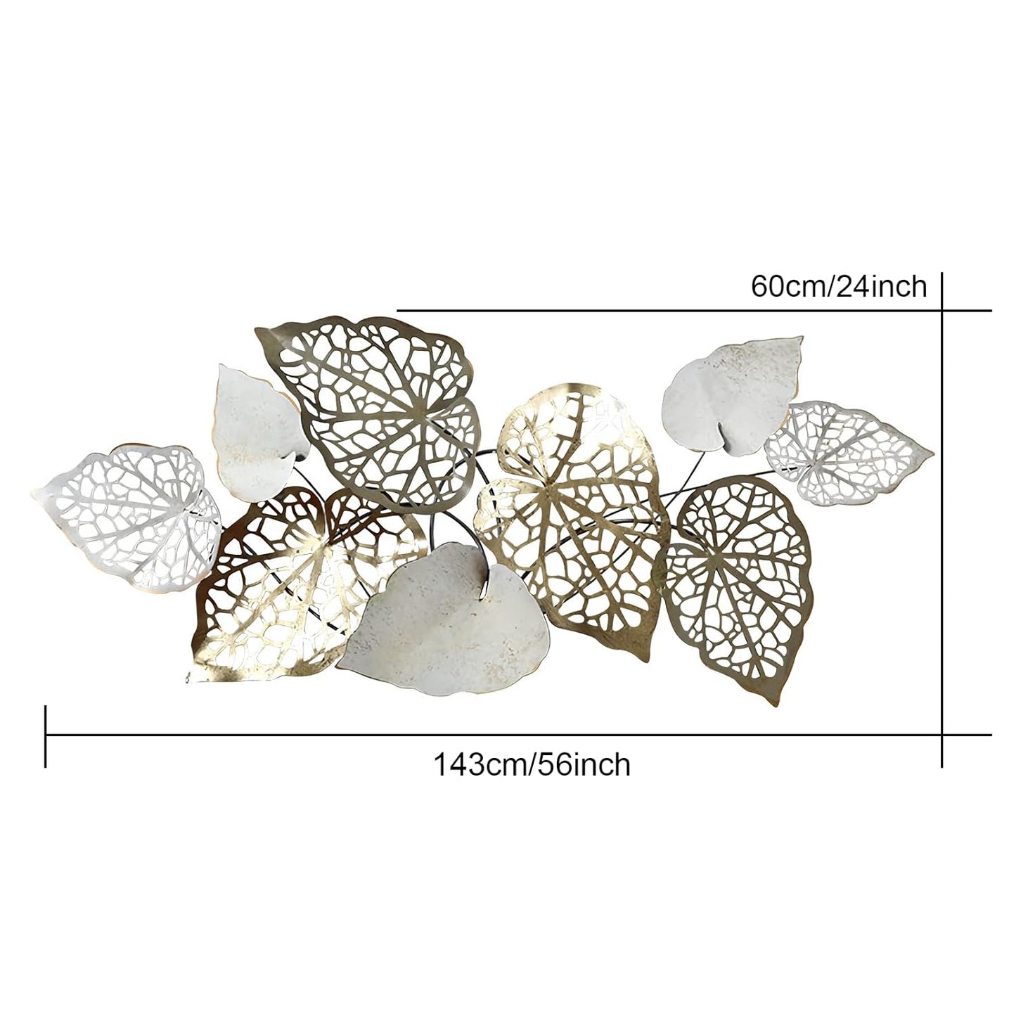 Decorative wall art with leaf patterns and measurements on a white background