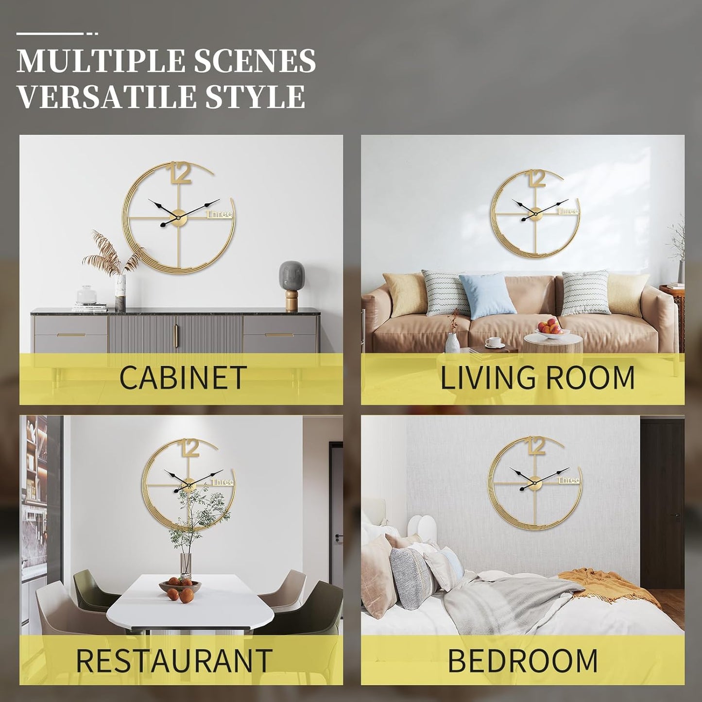 Collage of a decorative wall clock in various indoor settings including a cabinet, living room, restaurant, and bedroom.