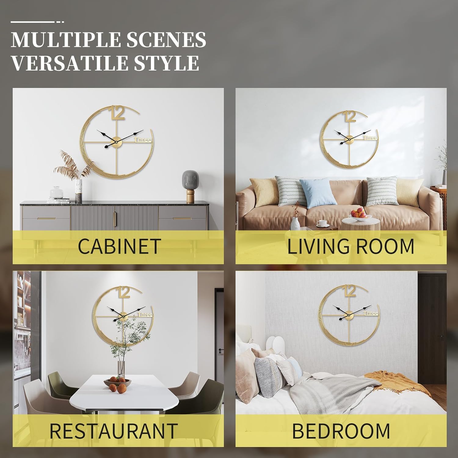 Collage of a decorative wall clock in various indoor settings including a cabinet, living room, restaurant, and bedroom.