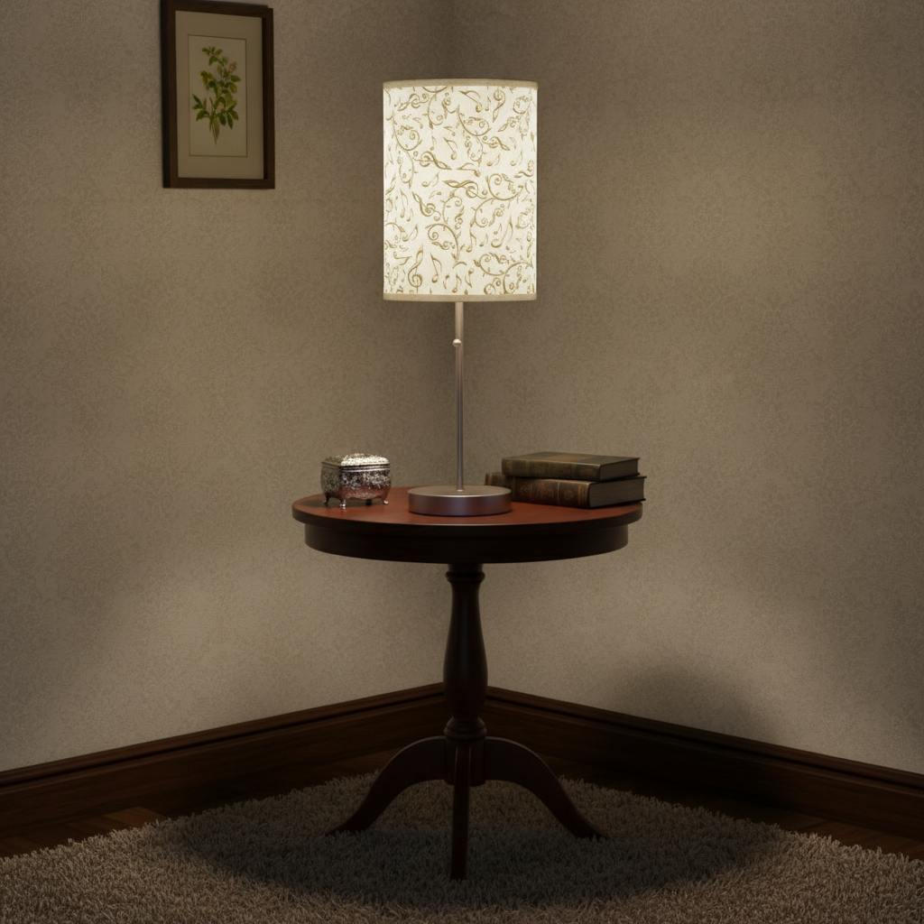 Small round wooden table with a lamp and books against a plain wall.