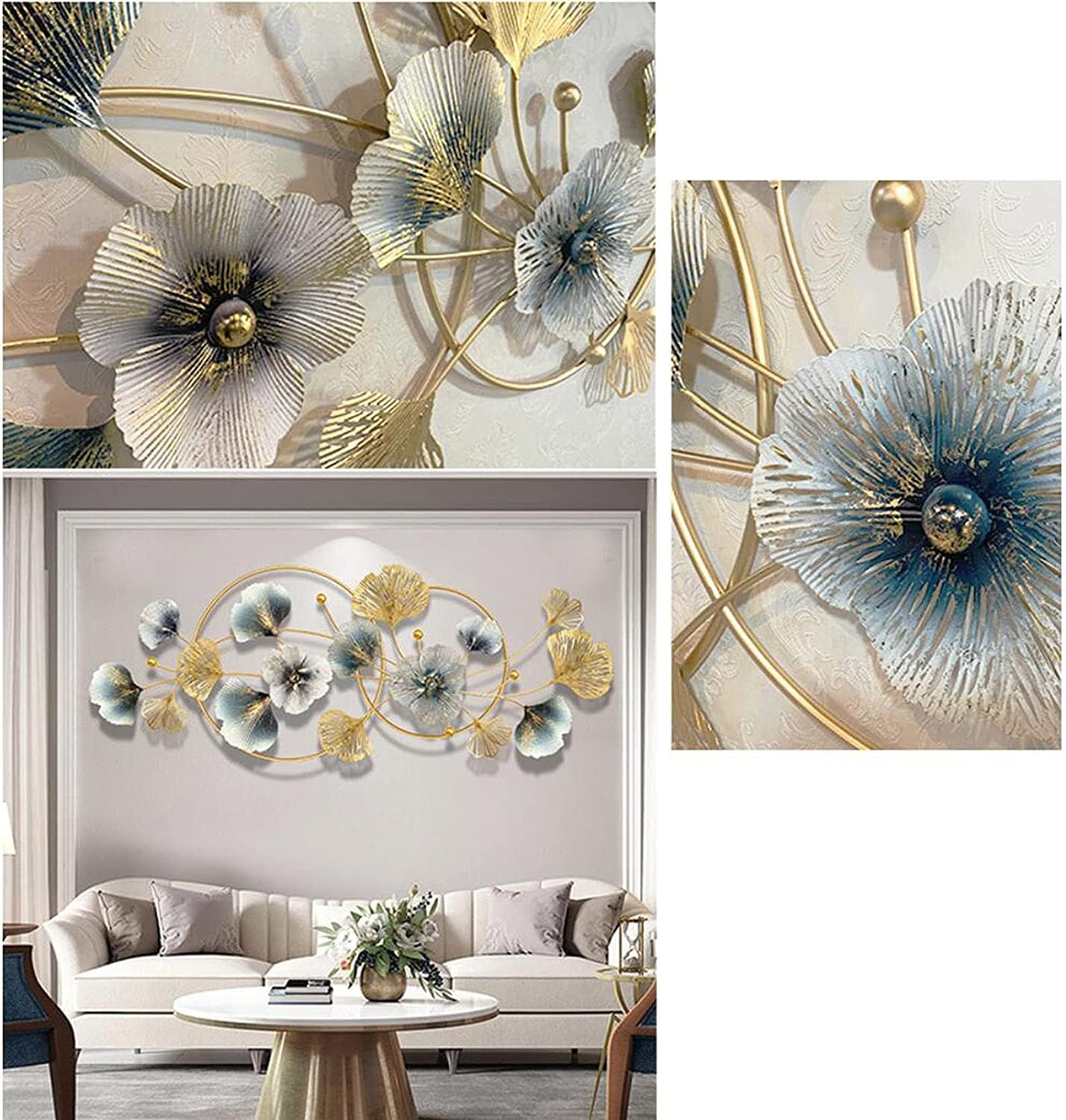 Decorative wall art with floral designs in gold and blue on a light gray wall.