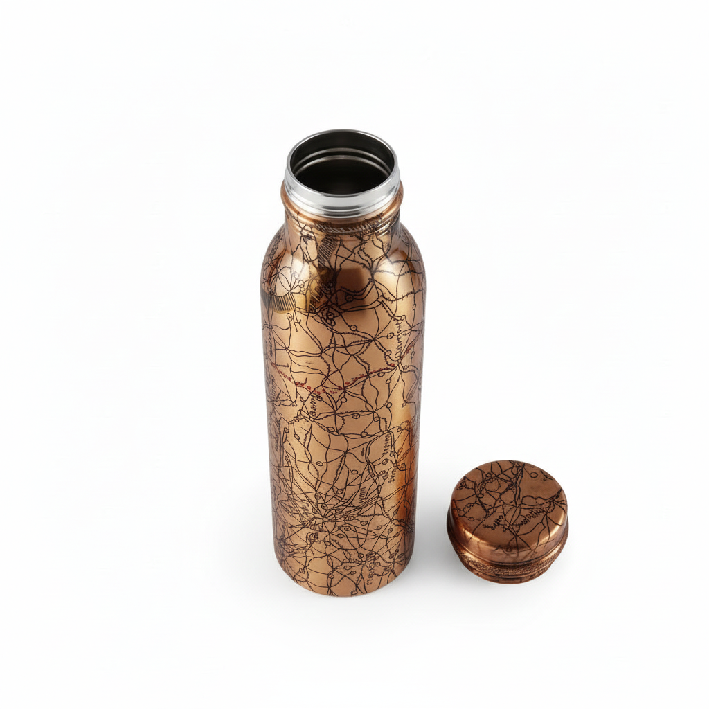 Copper water bottle with intricate design on a white background