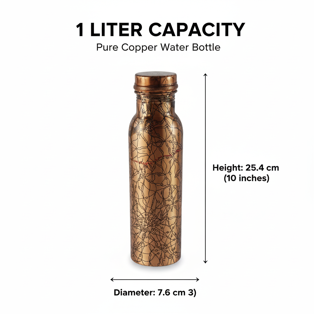Copper water bottle with dimensions and capacity details on a white background