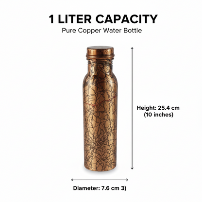 Copper water bottle with dimensions and capacity details on a white background
