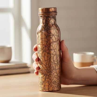 Hand holding a copper water bottle with map design on a wooden surface.