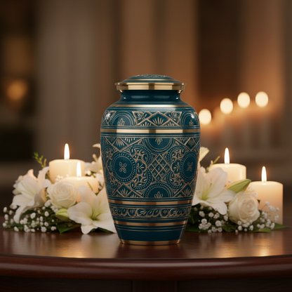 Teal Majestic Radiance Cremation Urn for Adult Ashes - Brass Decors