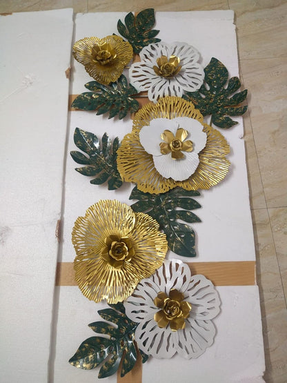 3D Metal Flower & Leaf Wall Art – Antique Iron Decor (52×24 Inch) - Brass Decors