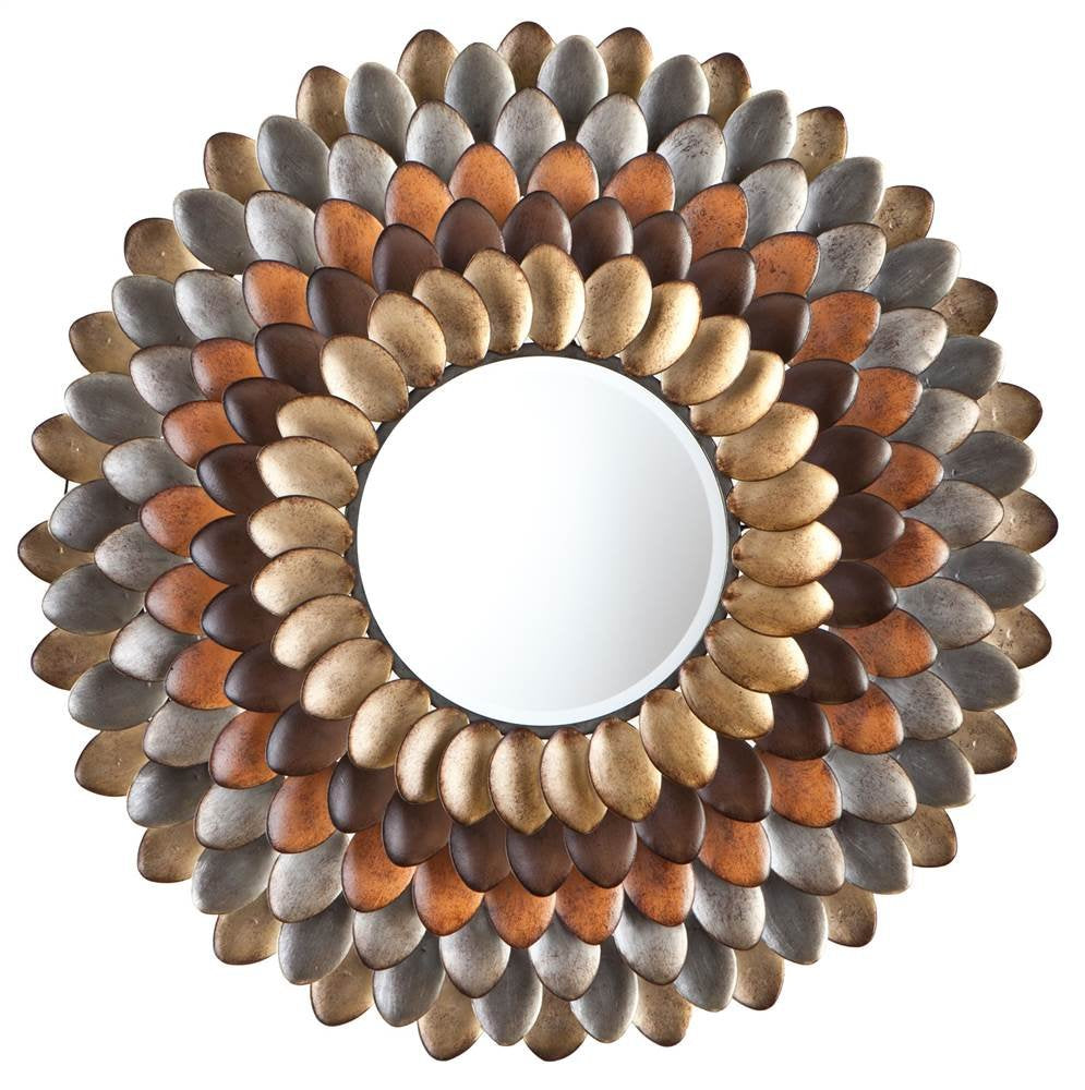Decorative round mirror with a pebble-like shell design on a white background