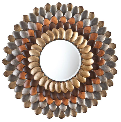 Decorative round mirror with a pebble-like shell design on a white background