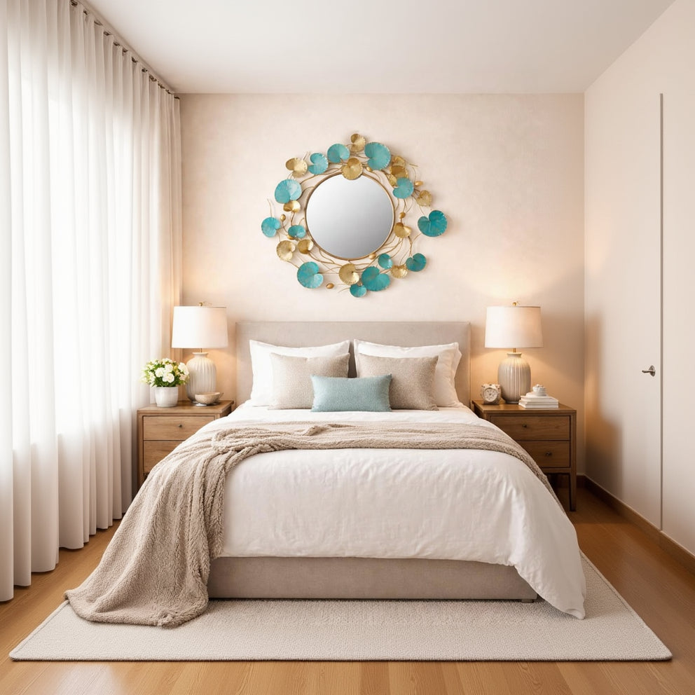 Modern bedroom with a decorative mirror above the bed