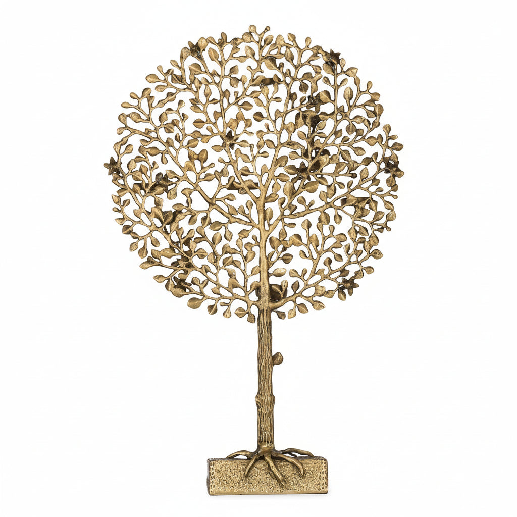 Decorative metal tree sculpture on a white background