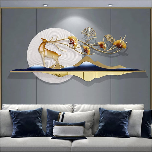 Decorative wall art with deer and floral elements above a sofa.