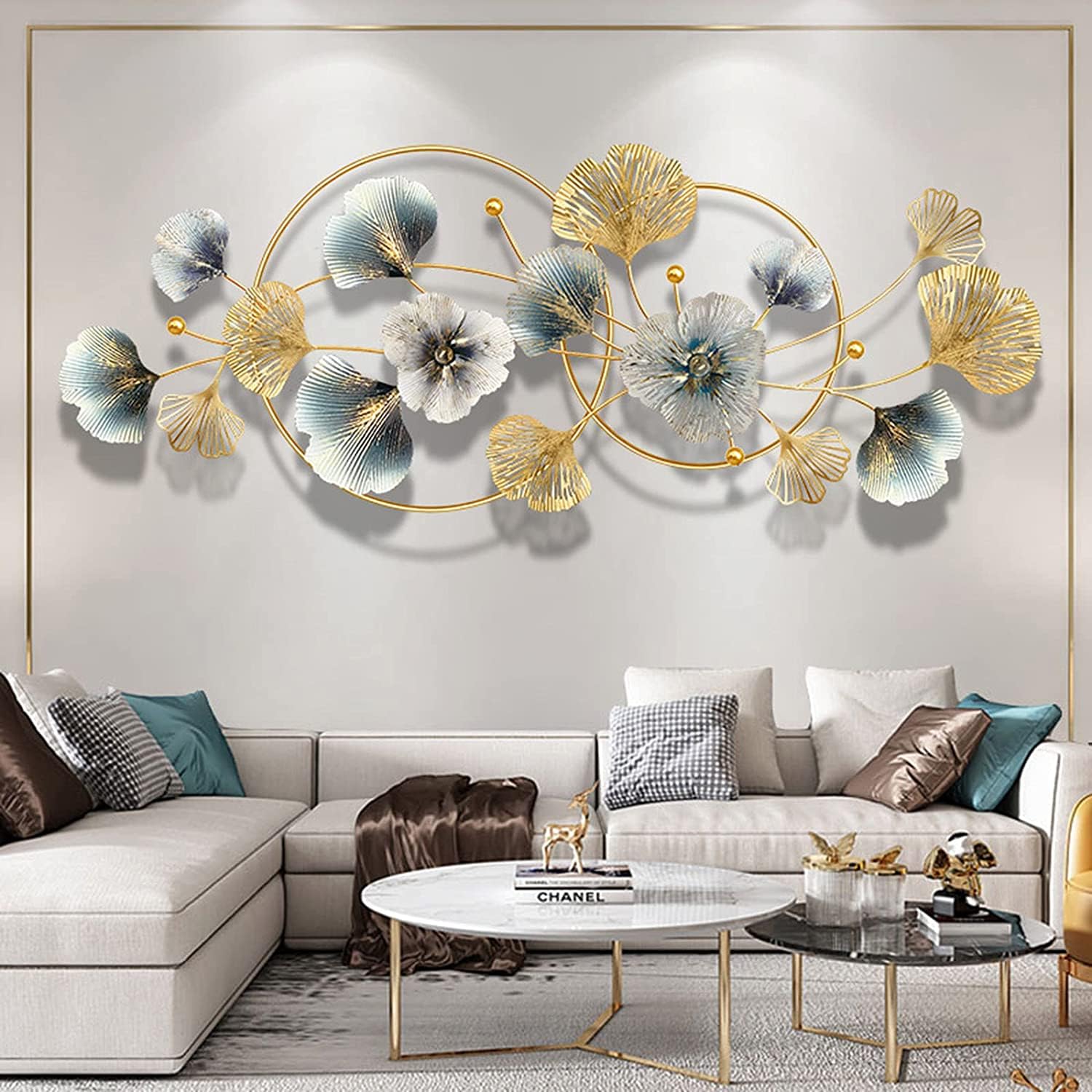 Decorative wall art with floral design in a living room setting