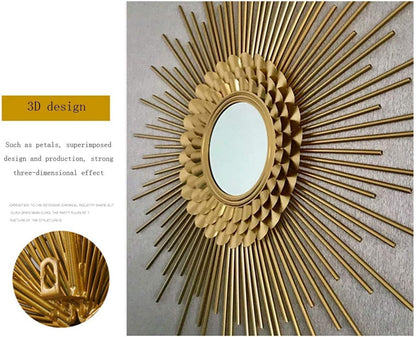 Gold sunburst mirror with 3D design on a neutral background