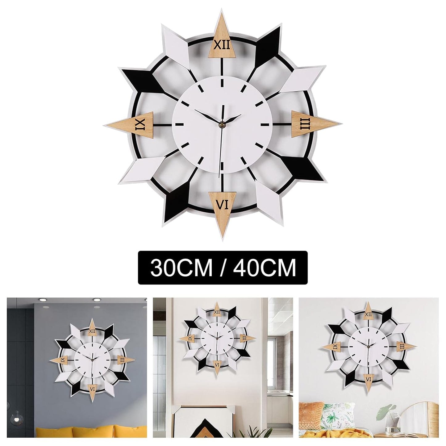 Decorative wall clock with black and white design, shown in various settings.