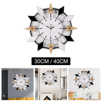 Decorative wall clock with black and white design, shown in various settings.