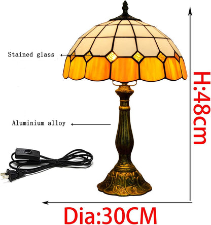 Table lamp with stained glass shade and metallic base, labeled with dimensions and material types.