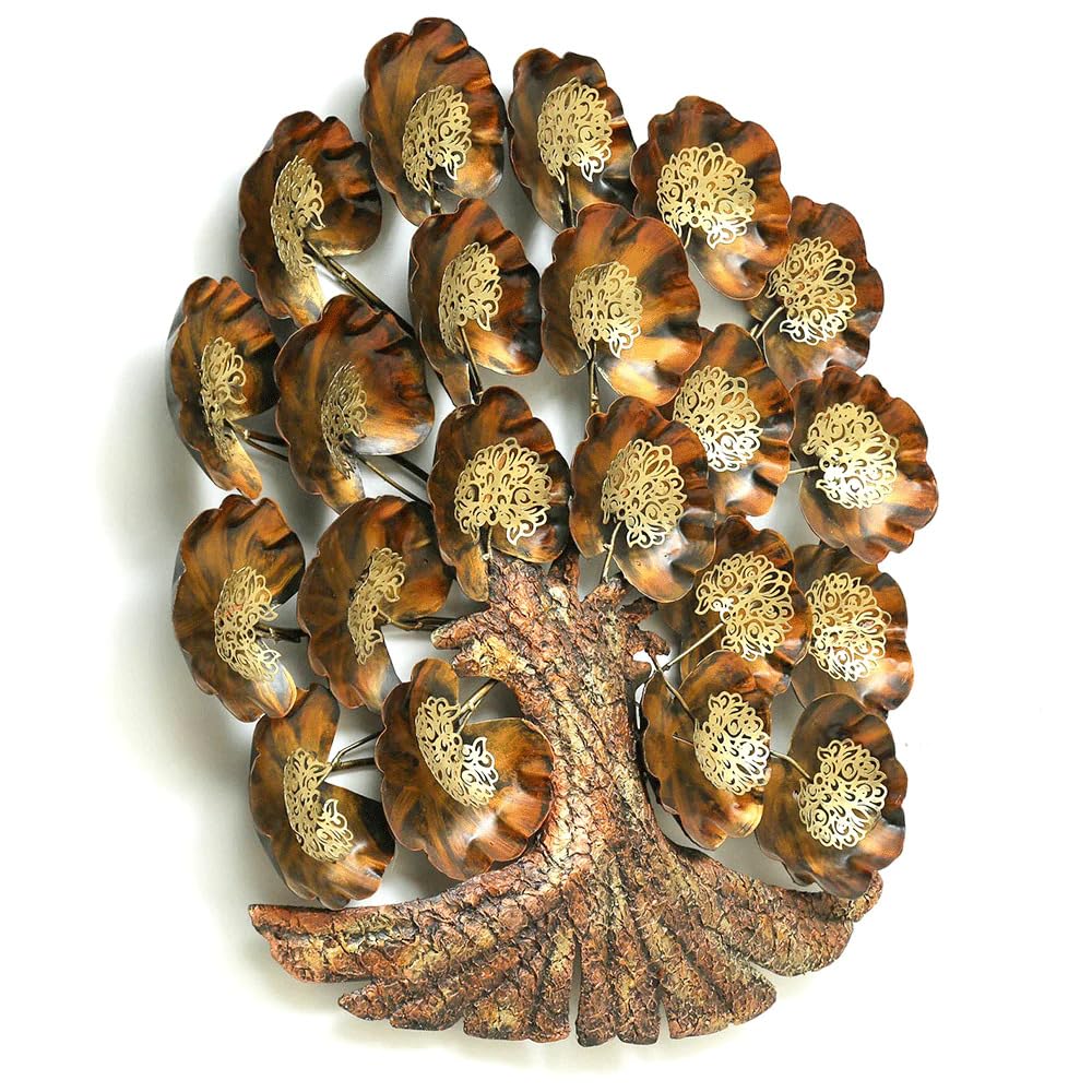 Decorative wall art piece with brown and gold leaf design on a white background